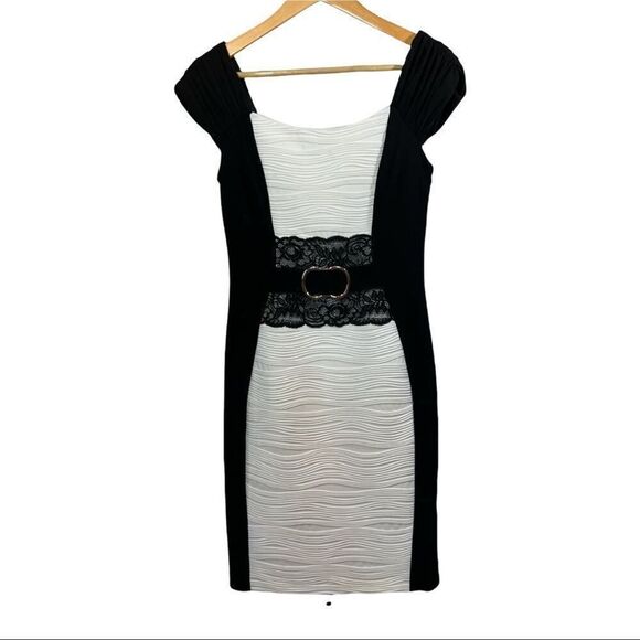 JOSEPH RIBKOFF Women’s Off Shoulder Fitted Cocktail Dress Black/White Size 6 - Picture 1 of 15